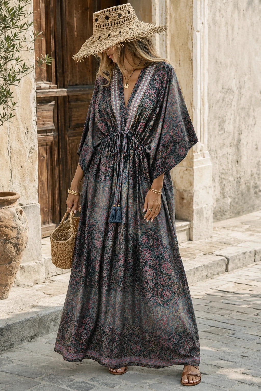 Grey and Pink Mirror Paisley Resort Dress