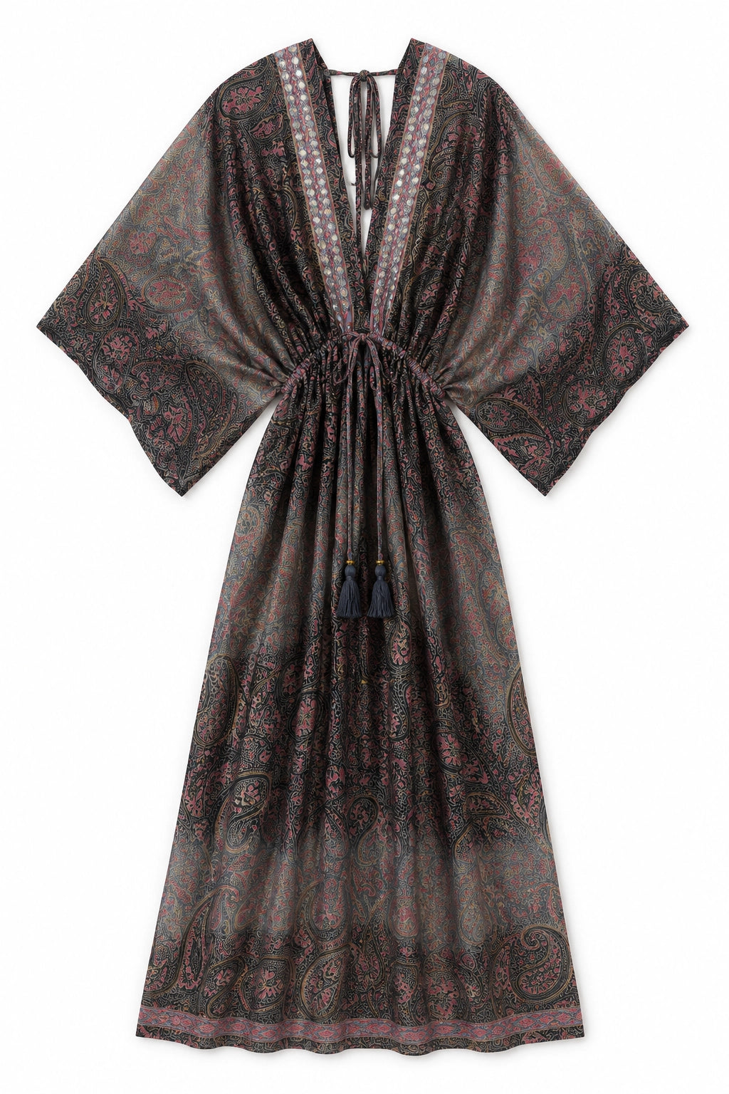 A dark brown and black kaftan dress with a red paisley pattern, featuring wide sleeves, a V-neckline with tie details, and a drawstring waist with tassel accents.