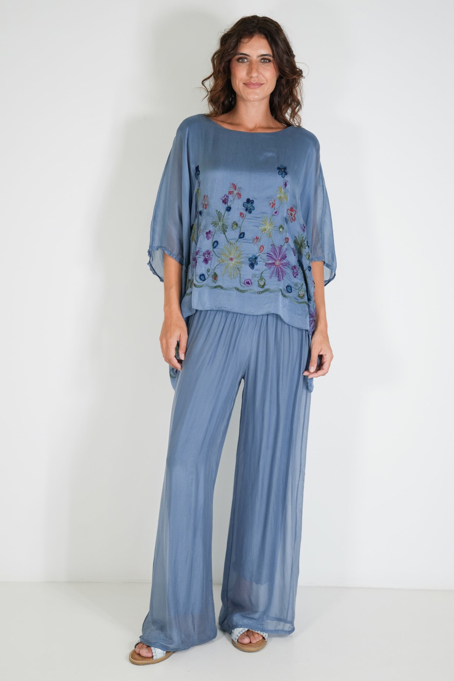 Blue Embroidered Silk Poncho