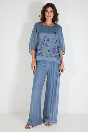 Blue Embroidered Silk Poncho