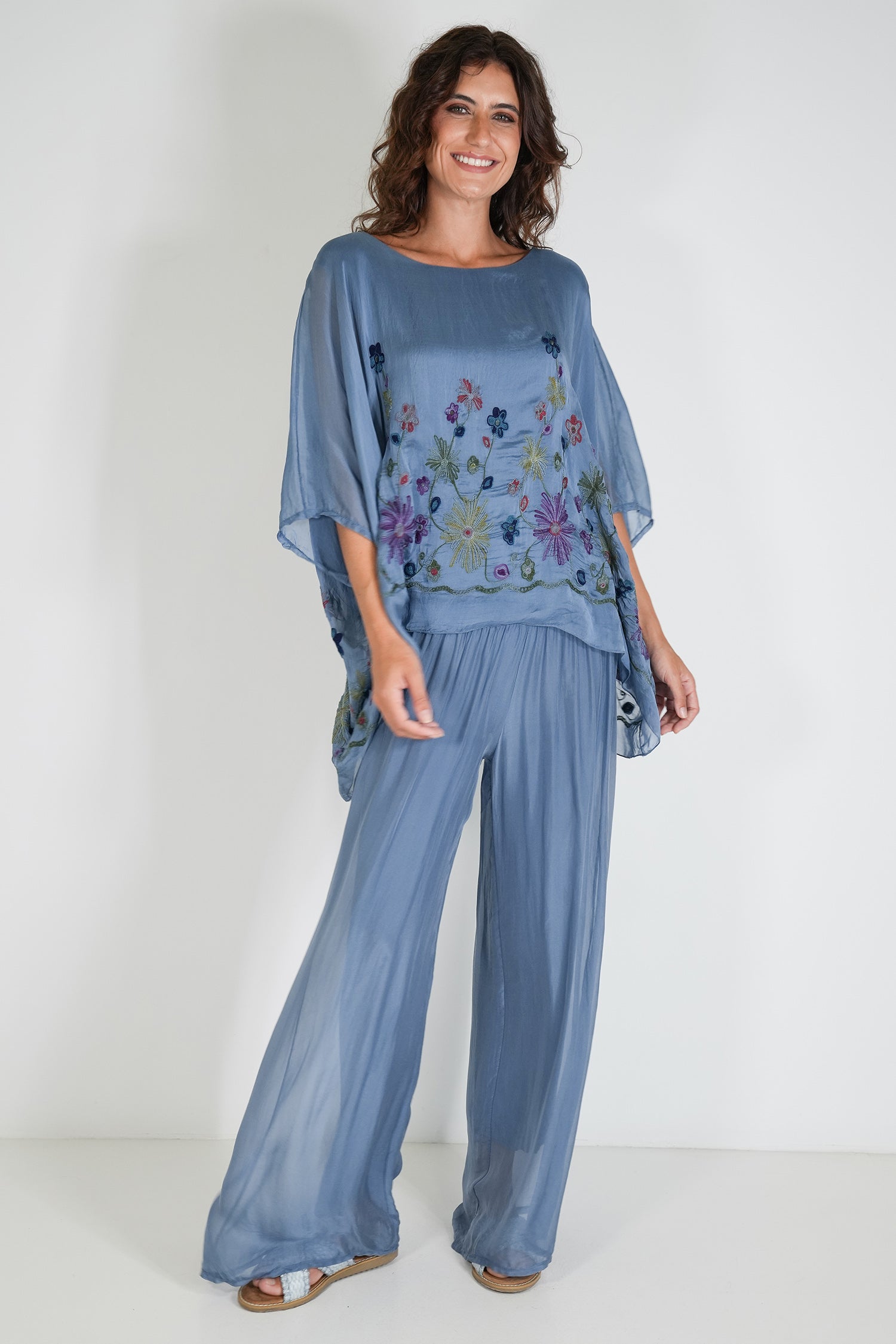 Blue Embroidered Silk Poncho