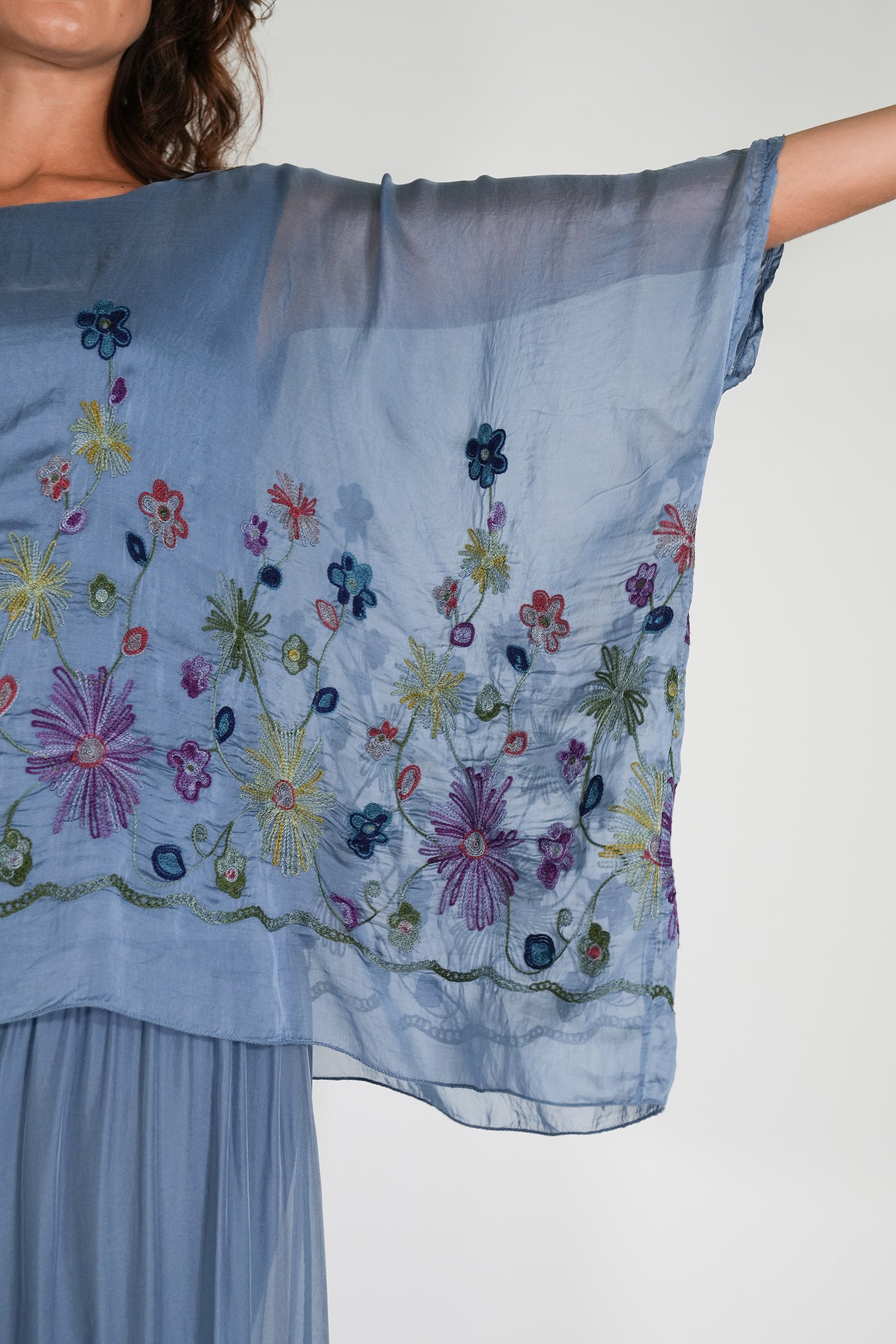 Blue Embroidered Silk Poncho