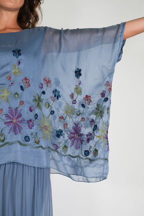 Blue Embroidered Silk Poncho