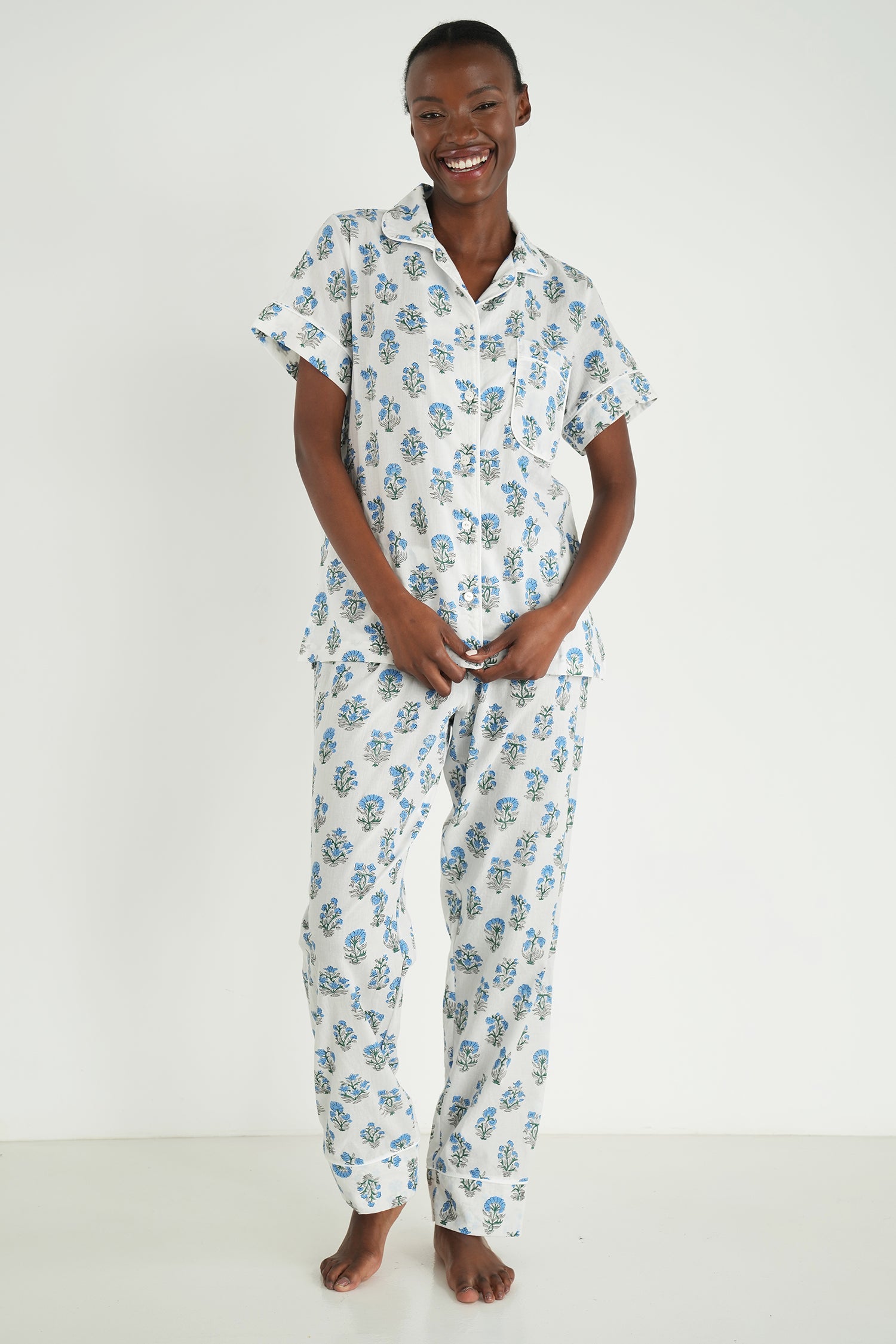 White/Blue Leah Short Top/Long Bottom PJs