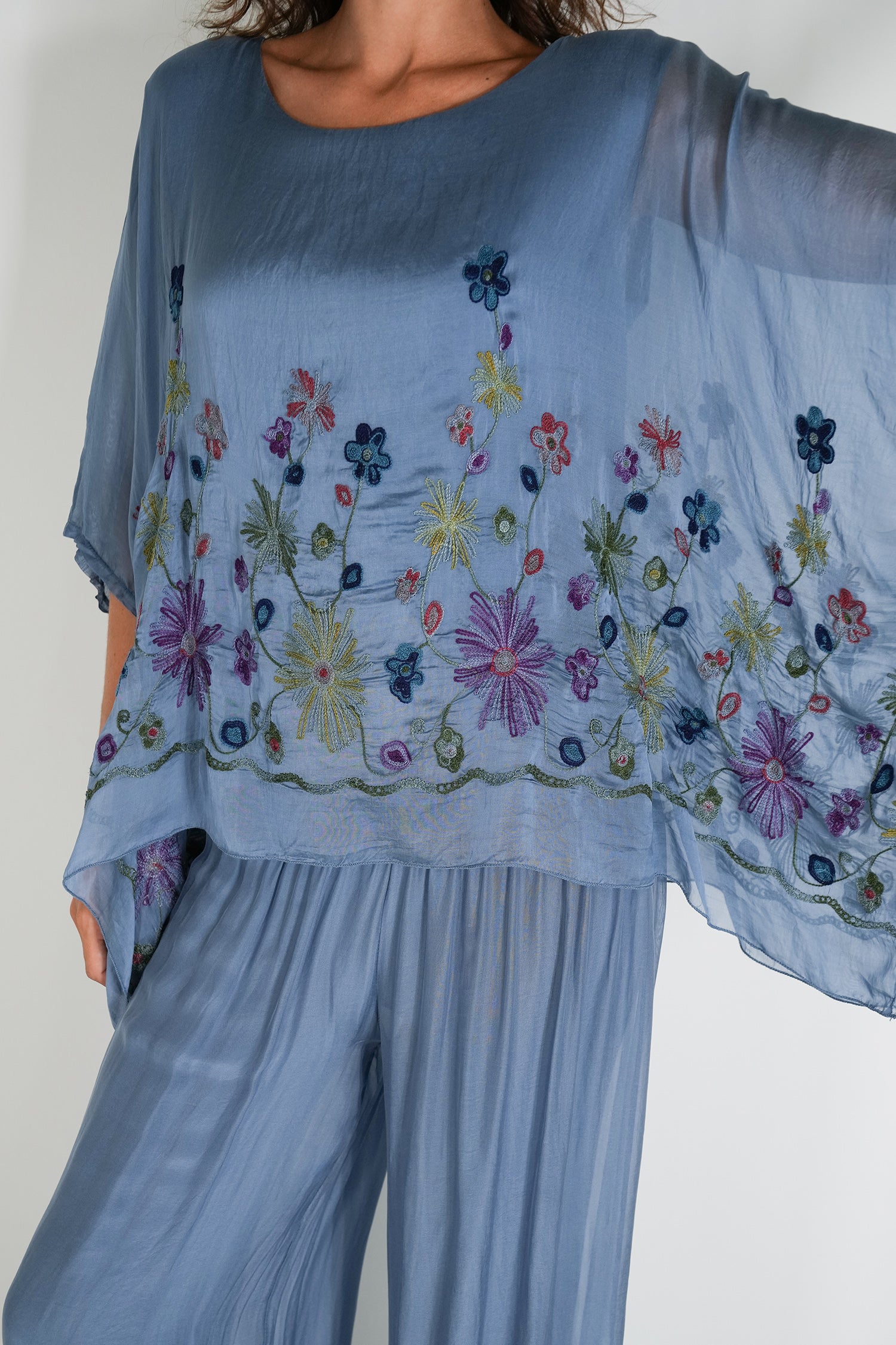 Blue Embroidered Silk Poncho