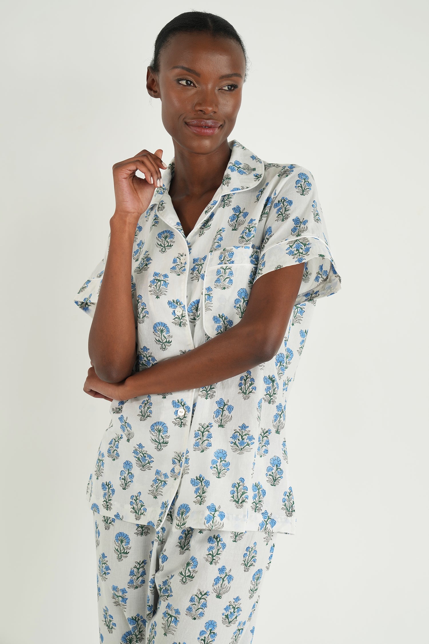 White/Blue Leah Short Top/Long Bottom PJs