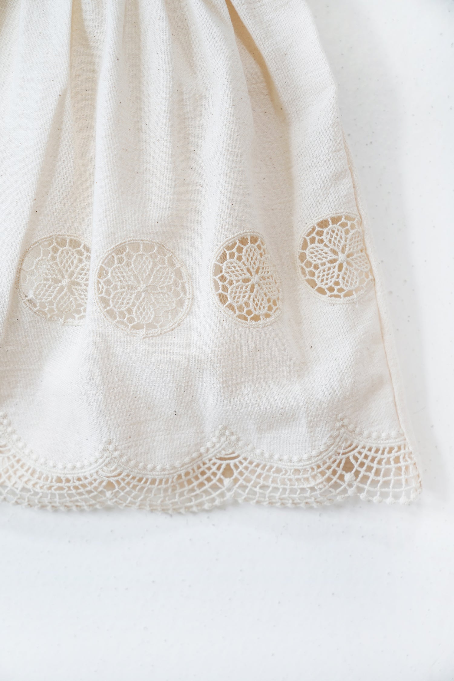 Close-up of a white fabric with lace detailing on a white background