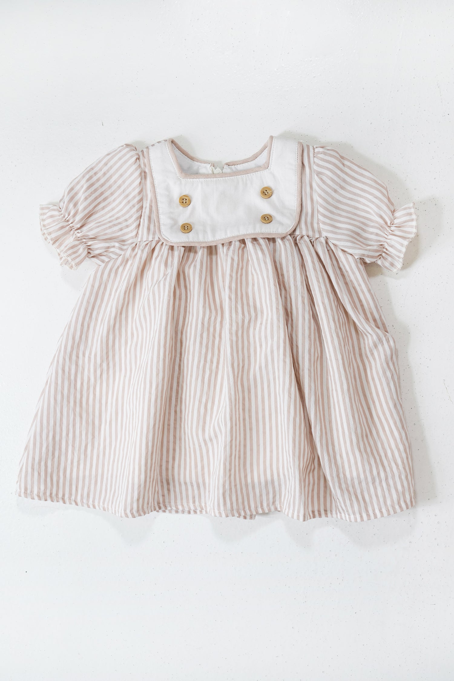 Beige Striped Emily Frock baby dress front view with puff sleeves