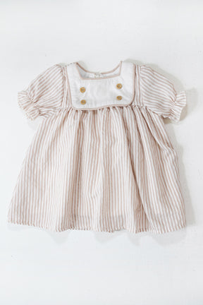 Beige Striped Emily Frock baby dress front view with puff sleeves