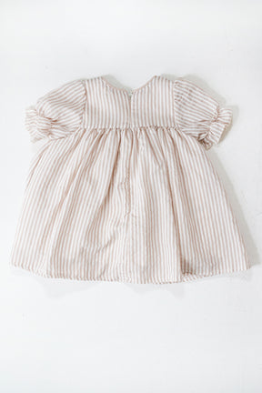 Beige Striped Emily Frock flat lay showing beige stripe fabric and shape