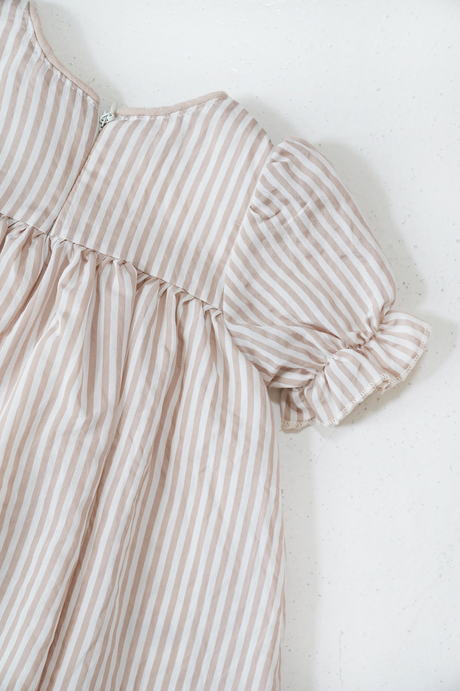 Beige Striped Emily Frock sleeve detail with soft gathered stitching