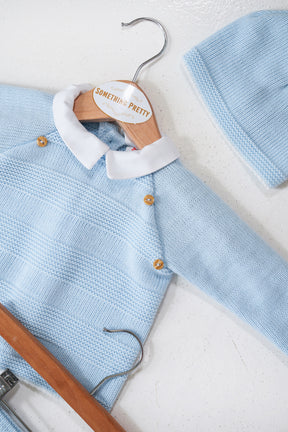 Blue Peter Knit Set close-up of Peter collar and button-front cardigan detail