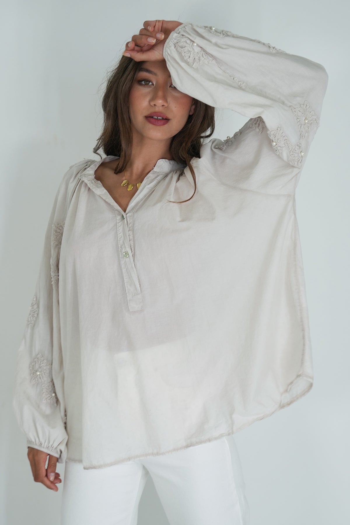 Taupe Embroidered Sleeve Top