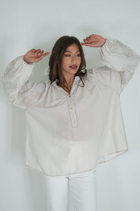 Taupe Embroidered Sleeve Top