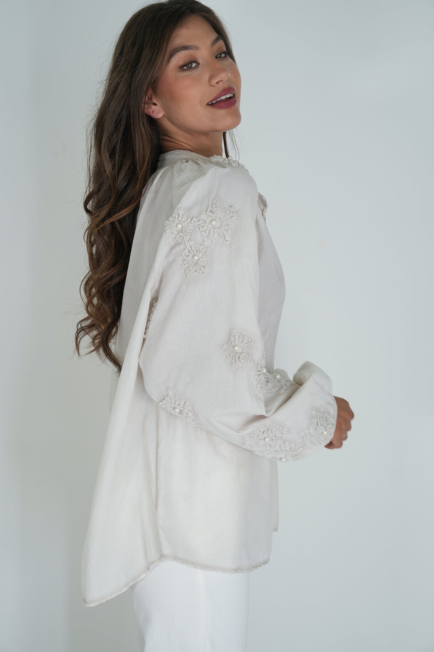 Taupe Embroidered Sleeve Top
