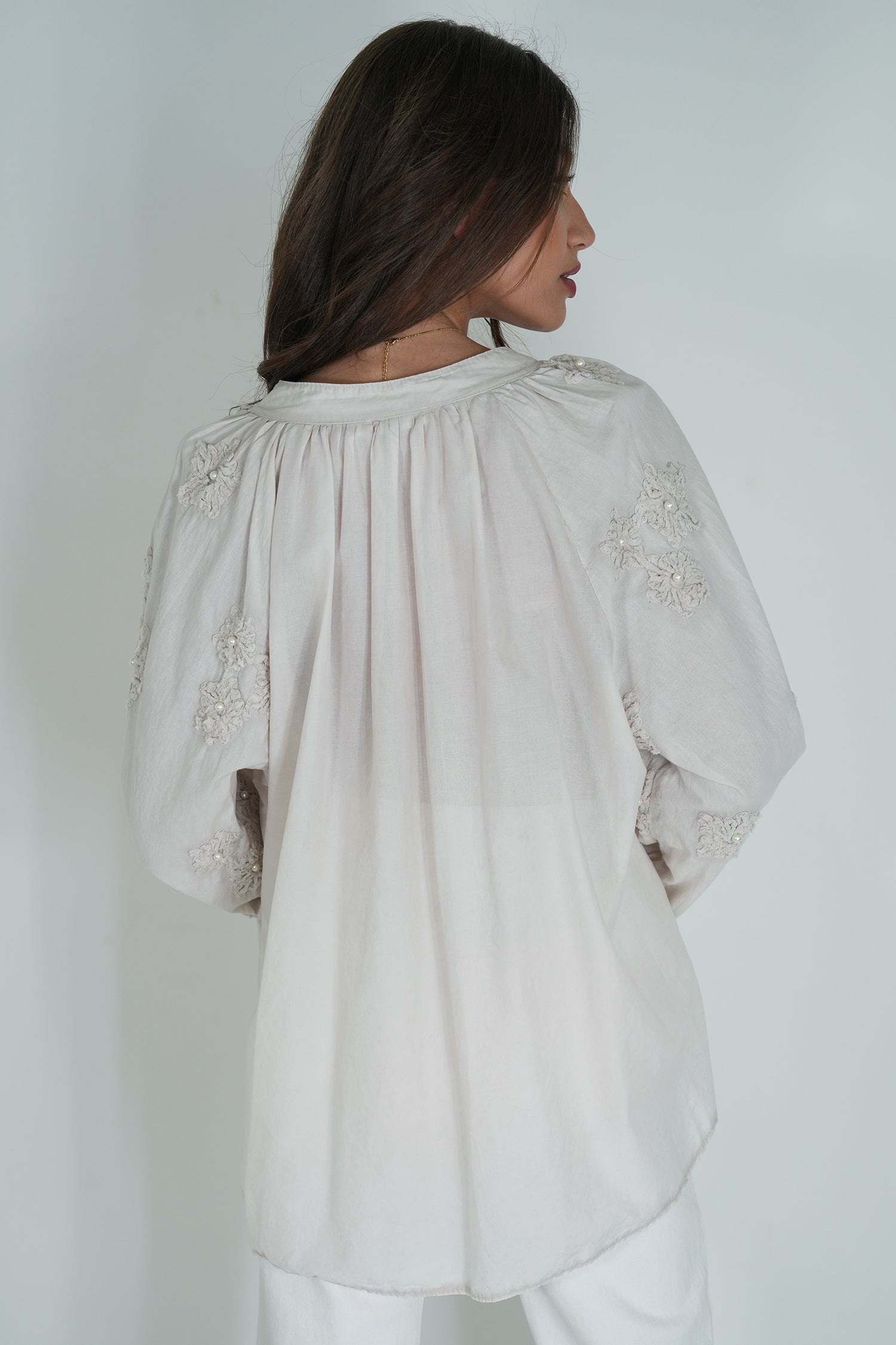 Taupe Embroidered Sleeve Top