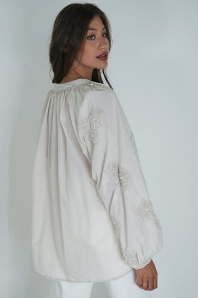 Taupe Embroidered Sleeve Top