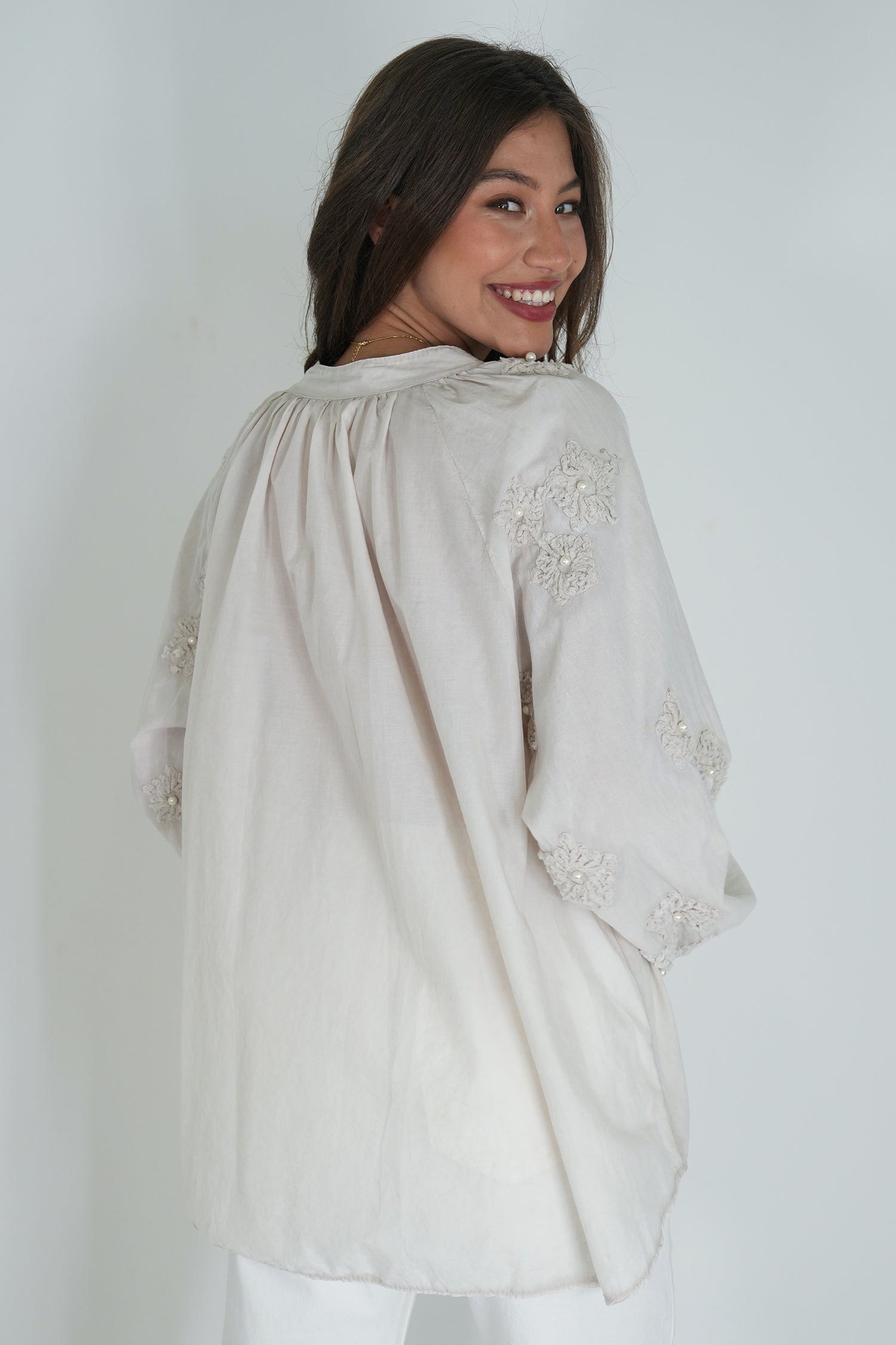Taupe Embroidered Sleeve Top