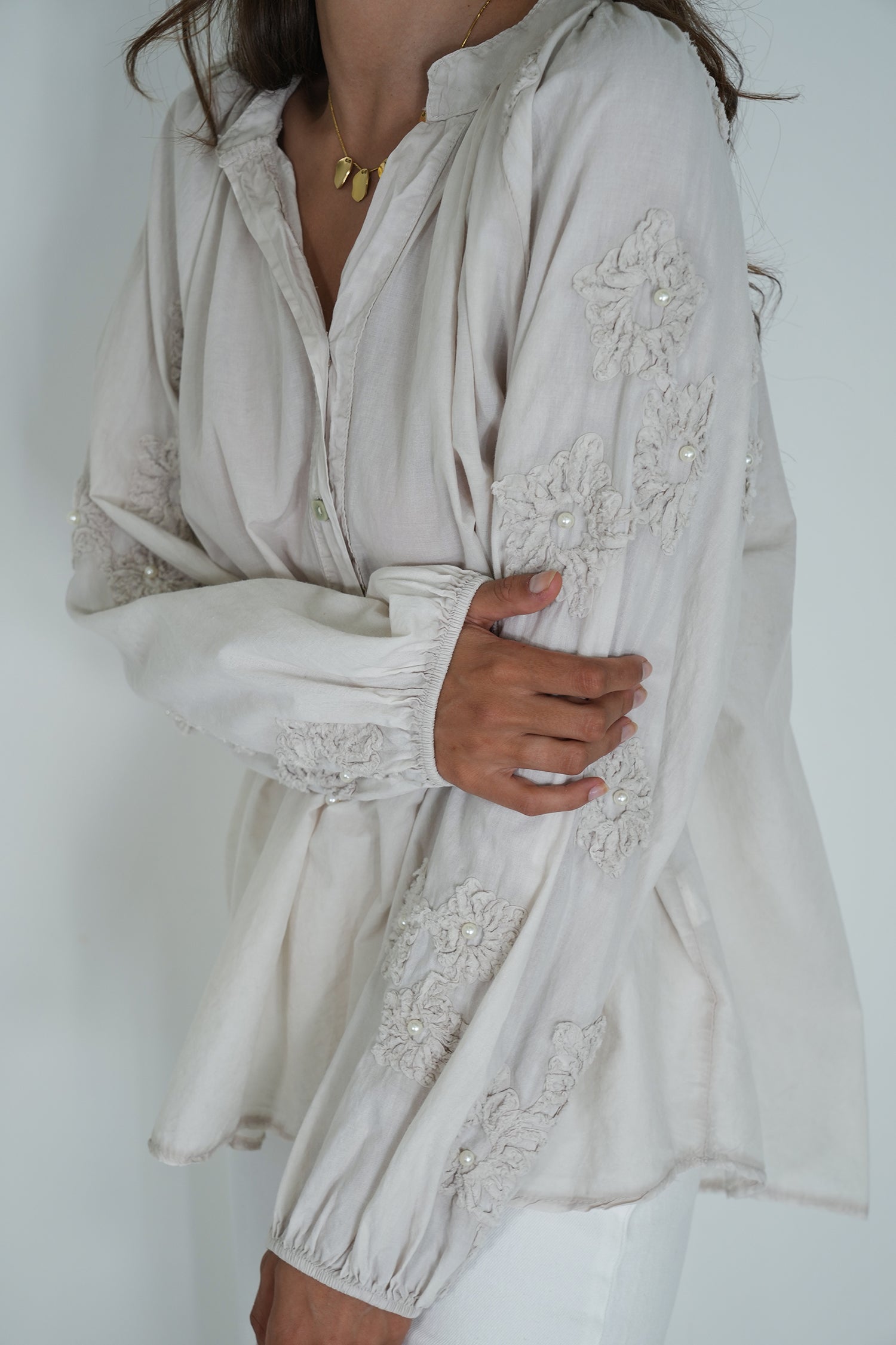 Taupe Embroidered Sleeve Top