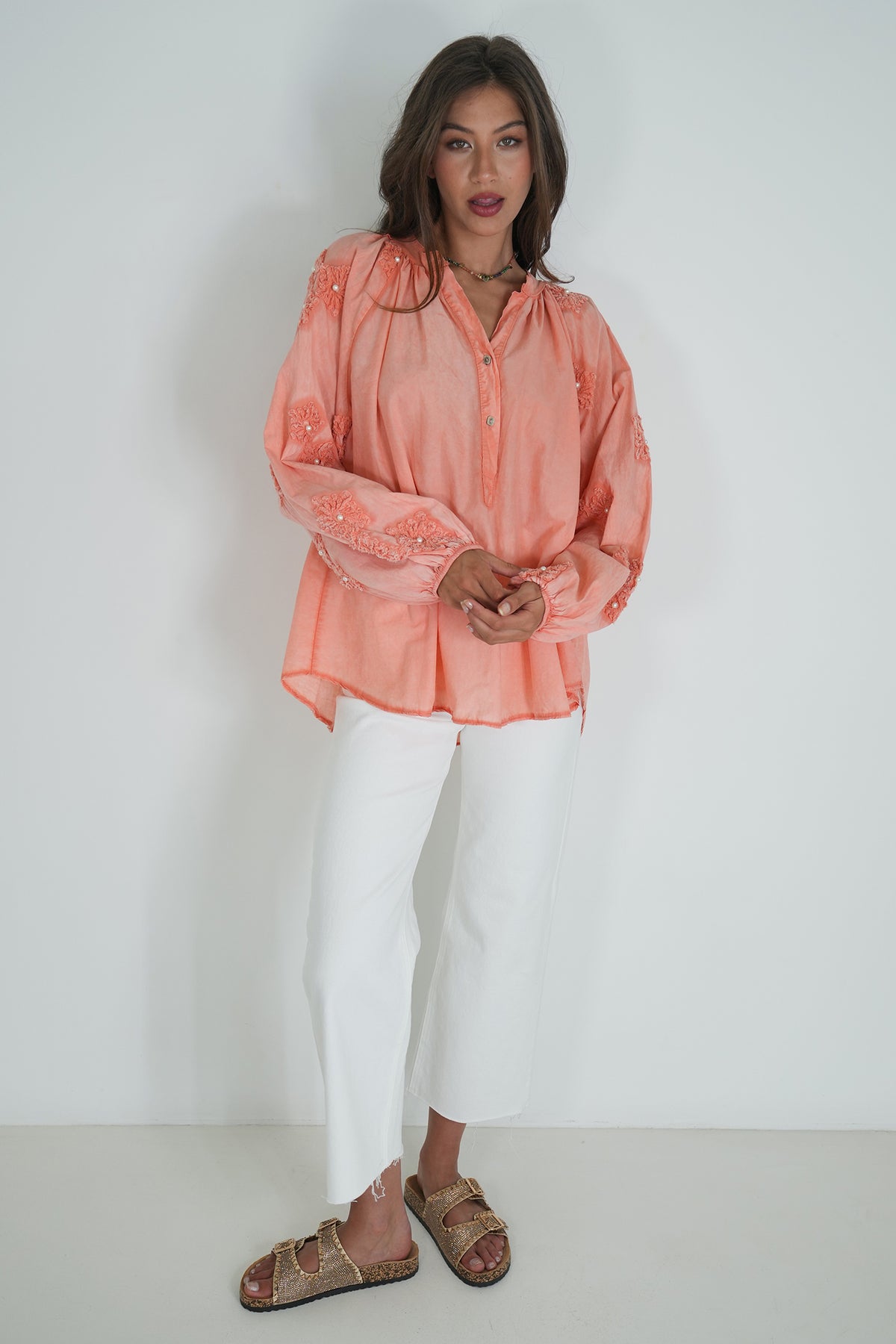 Coral Embroidered Sleeve Top