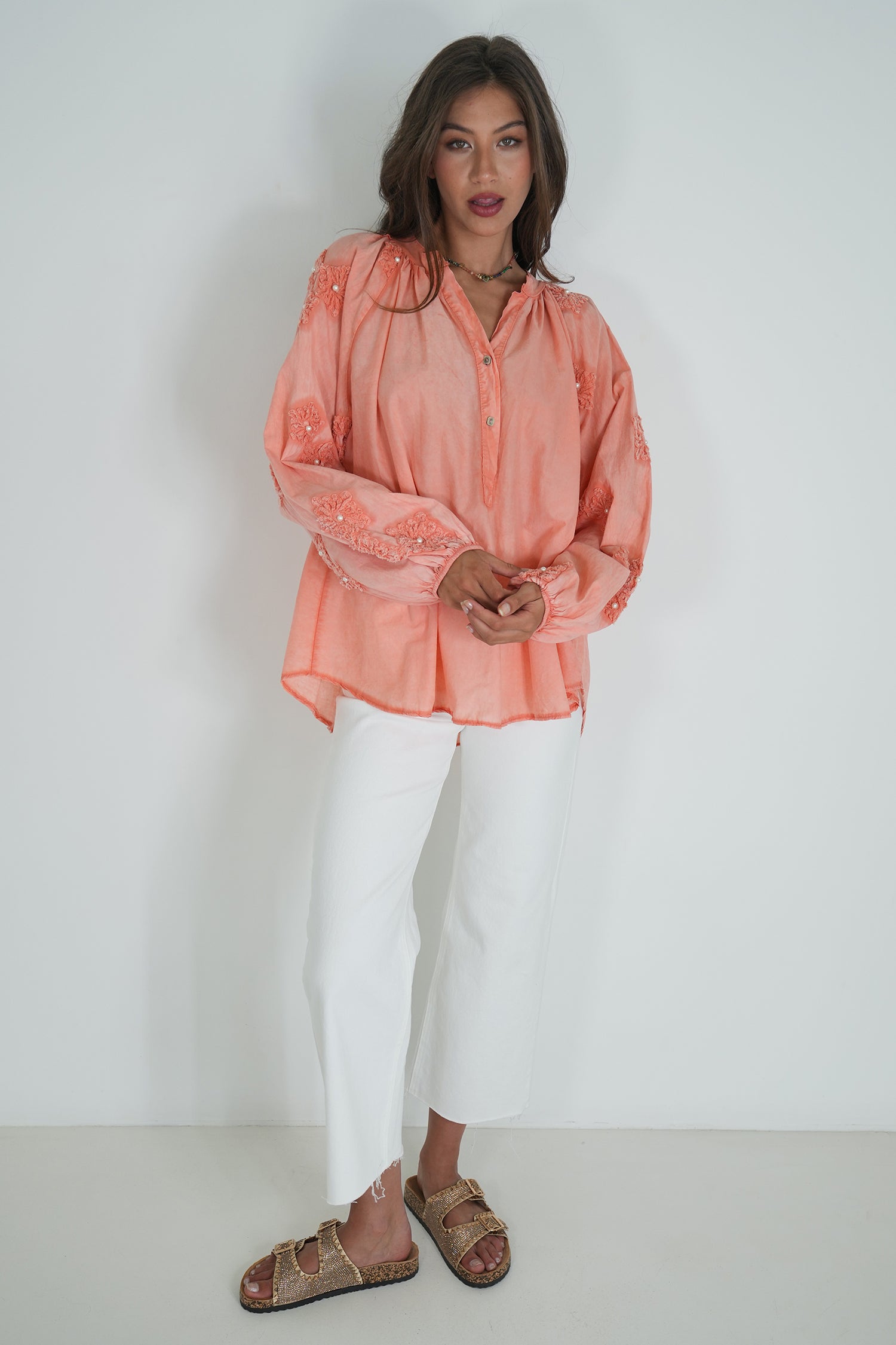 Coral Embroidered Sleeve Top