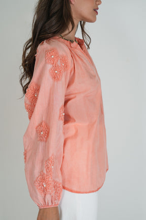 Coral Embroidered Sleeve Top
