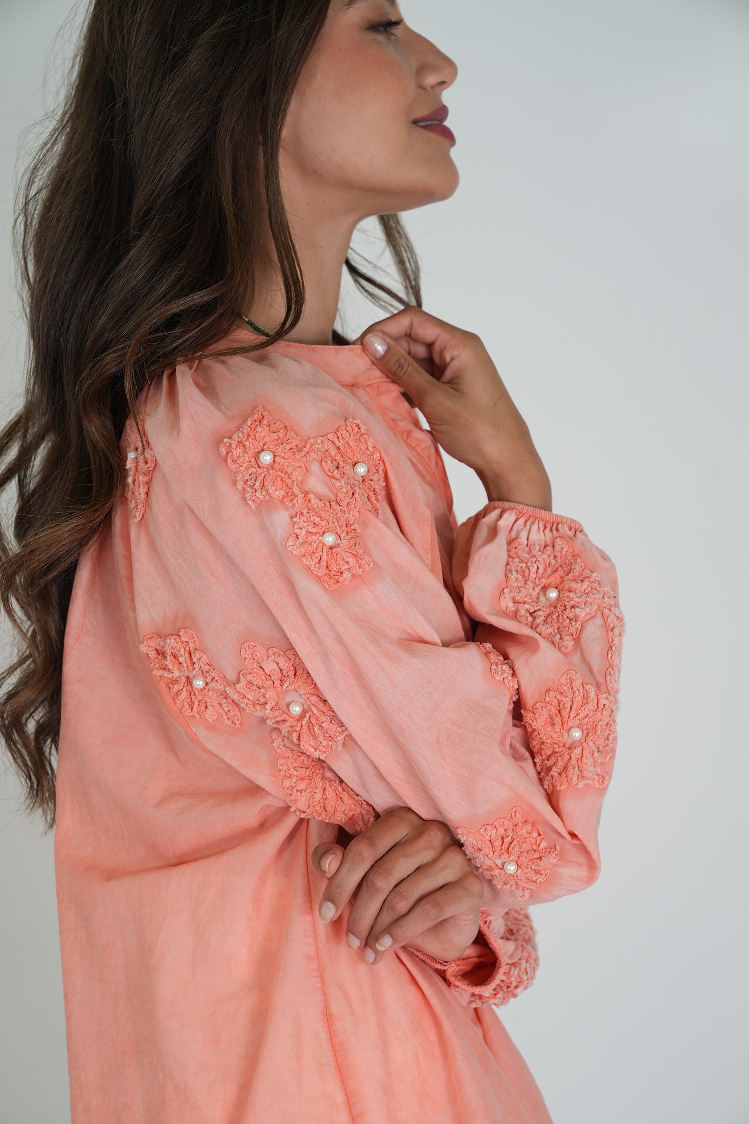 Coral Embroidered Sleeve Top