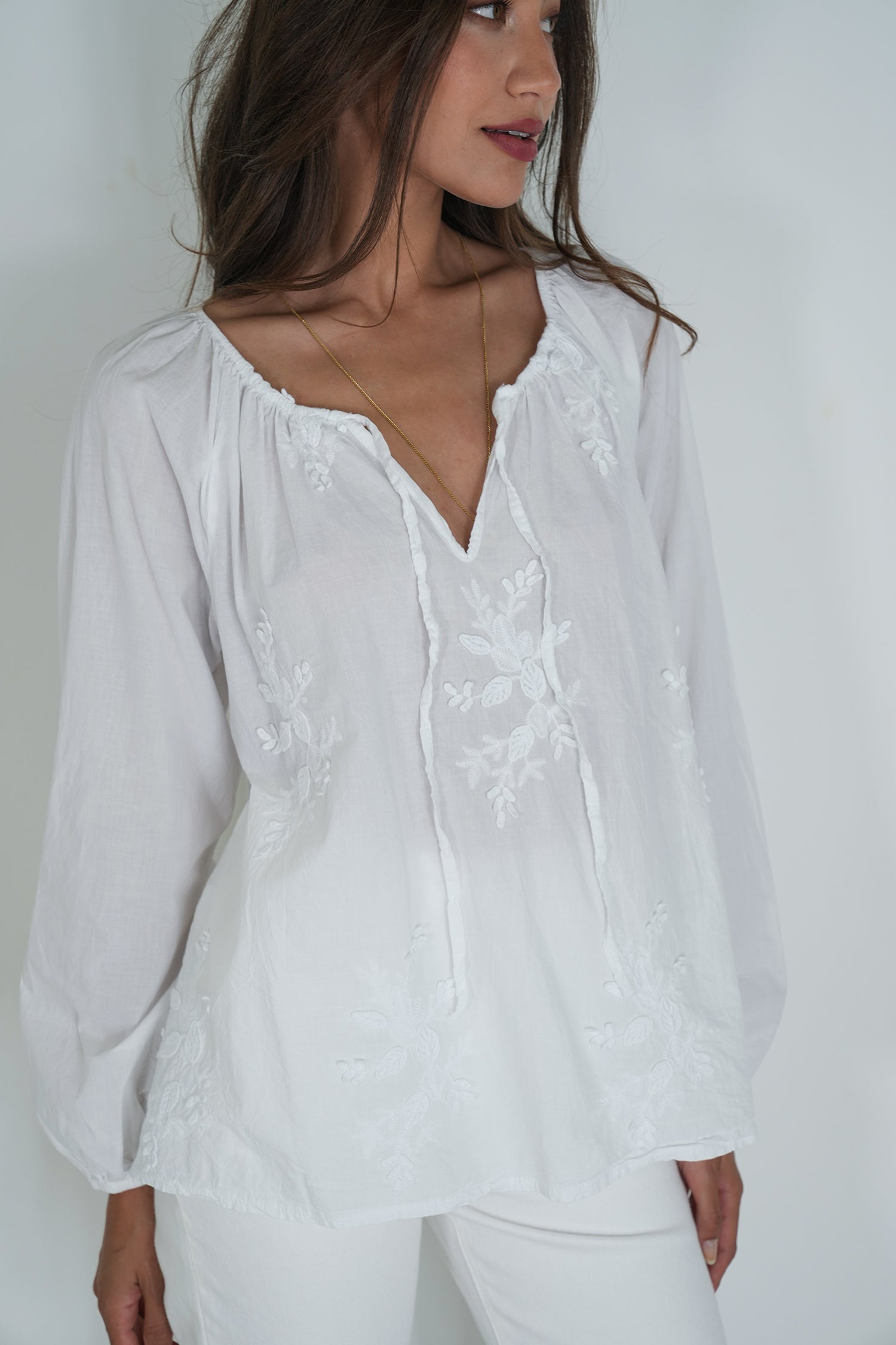 White Embroidered Peasant Blouse