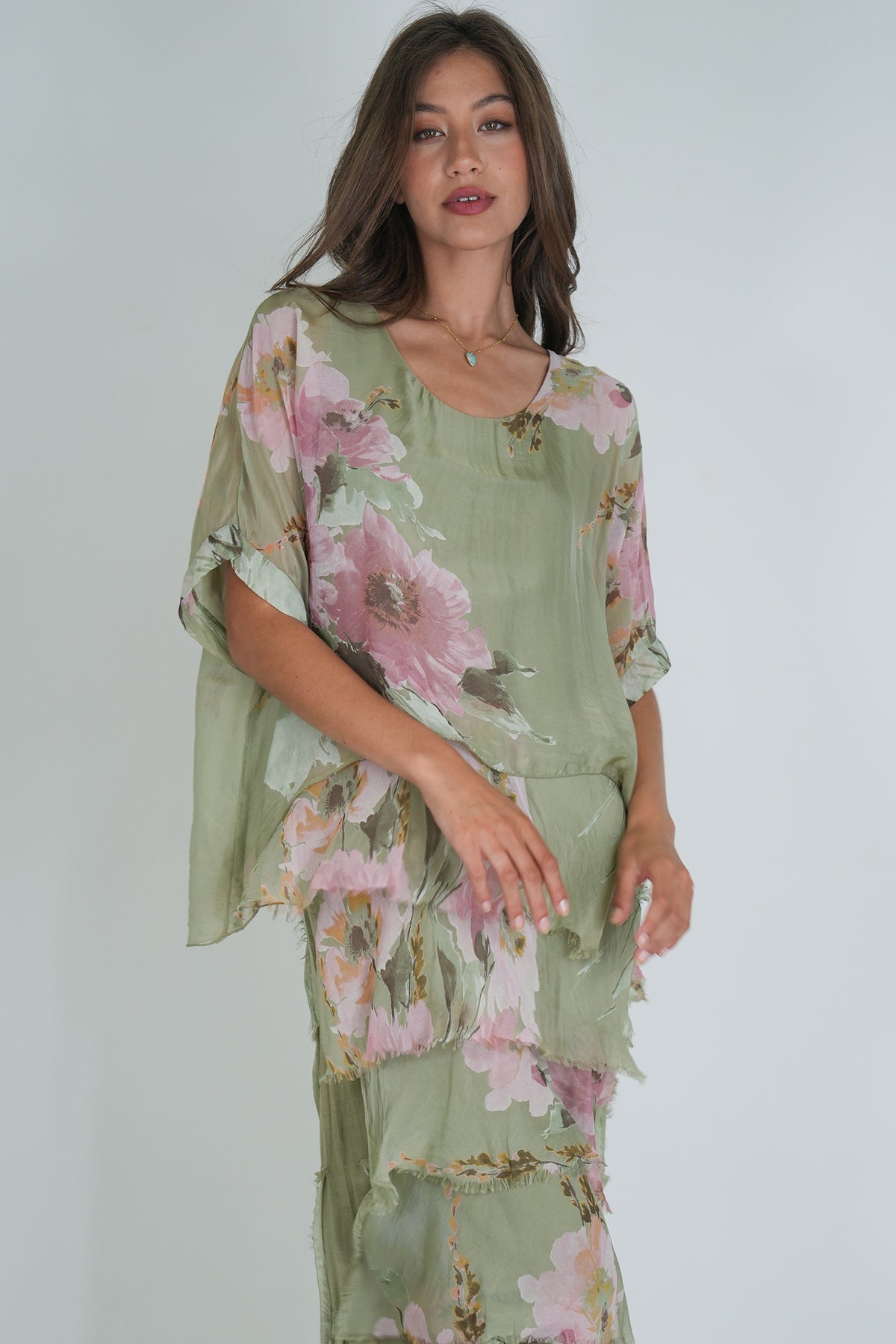 Olive Floral Silk Tier Dress