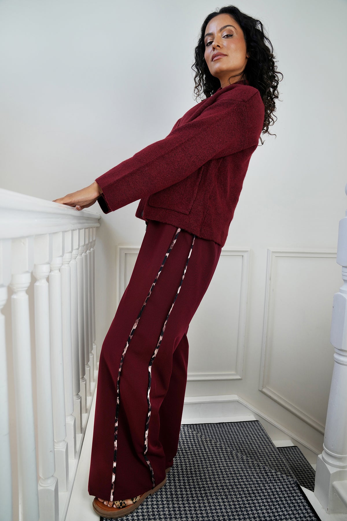 Burgandy Leopard Trim Pant