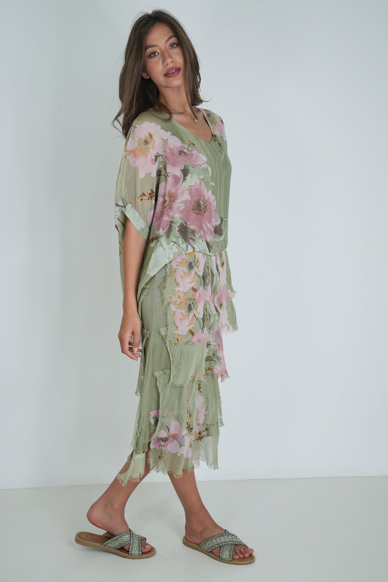 Olive Floral Silk Tier Dress