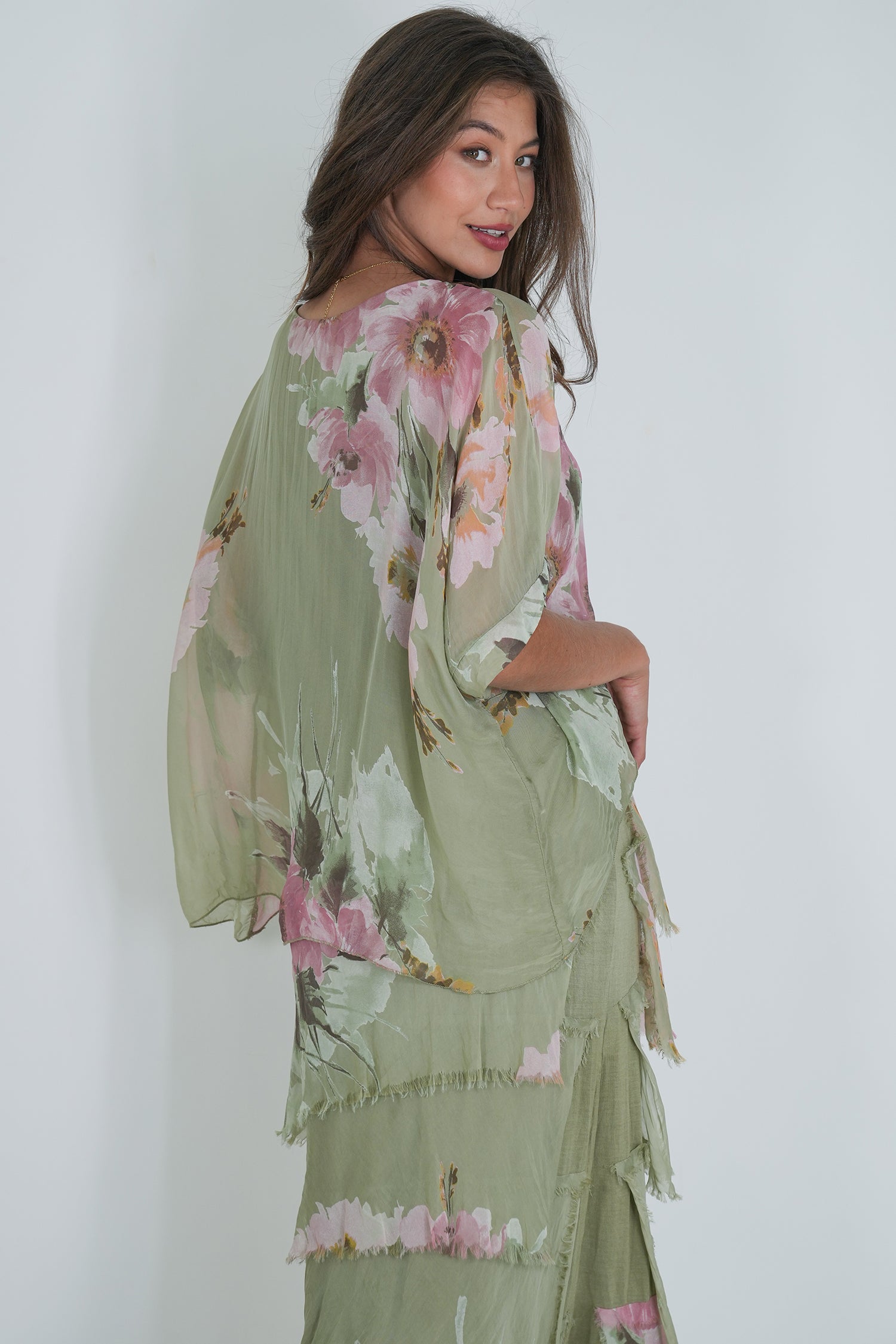 Olive Floral Silk Tier Dress