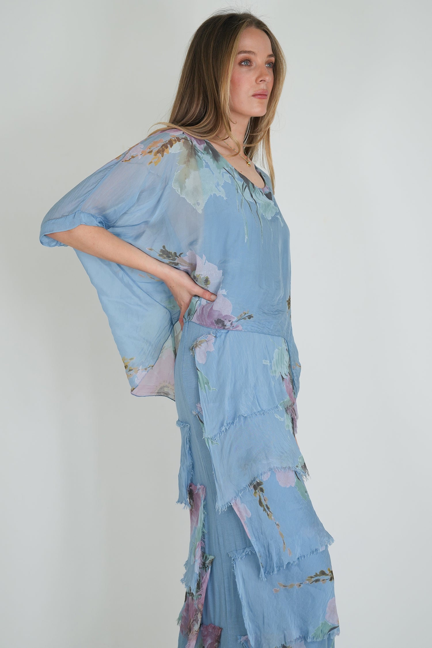 Blue Floral Silk Tier Dress