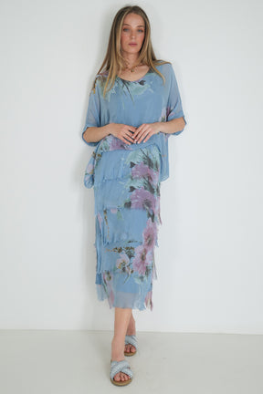 Blue Floral Silk Tier Dress