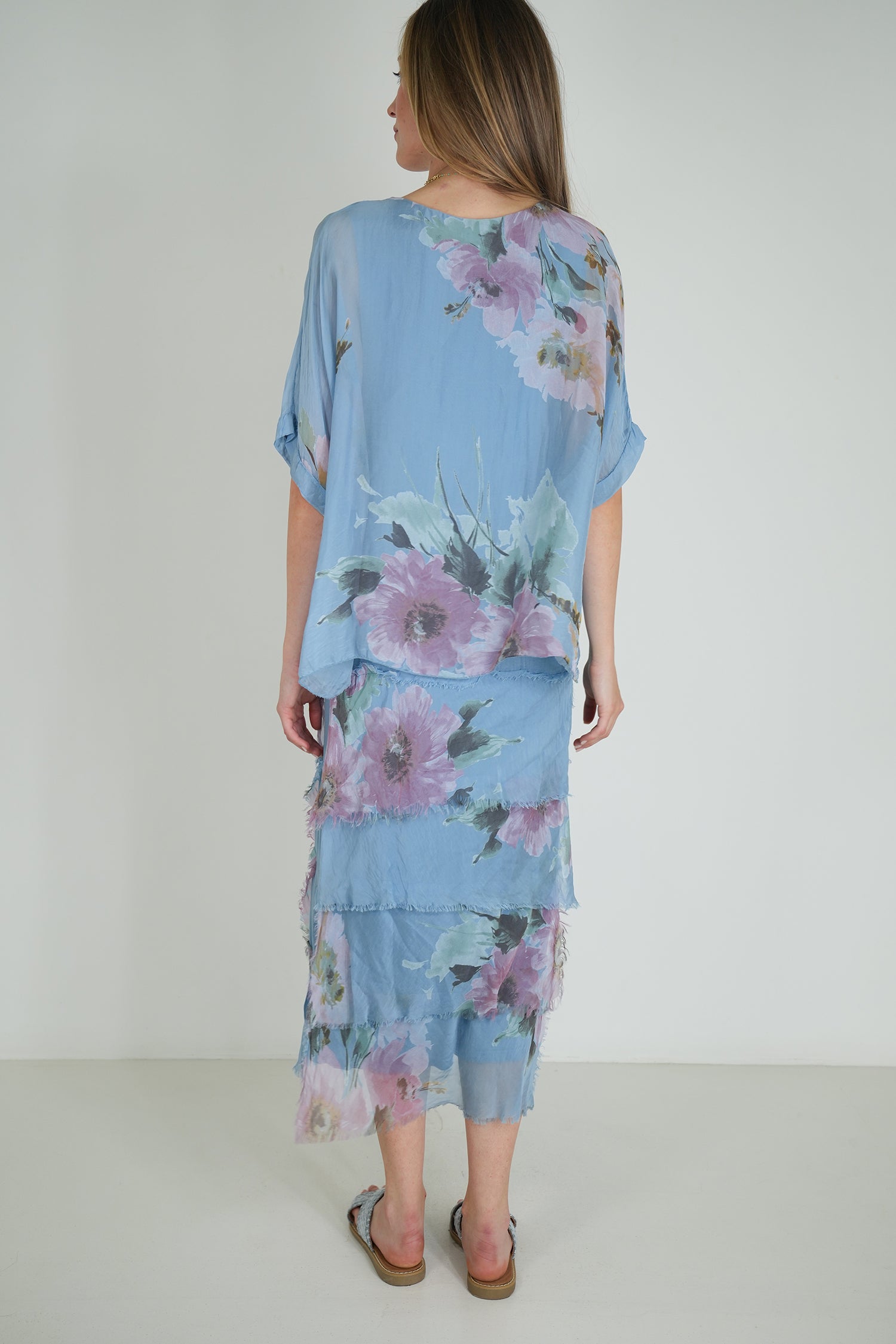 Blue Floral Silk Tier Dress