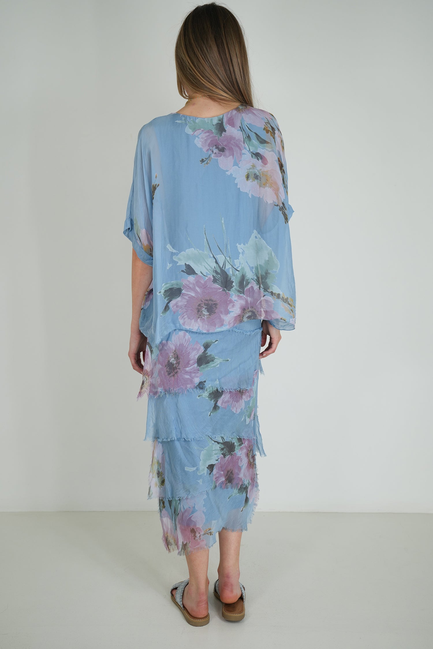 Blue Floral Silk Tier Dress
