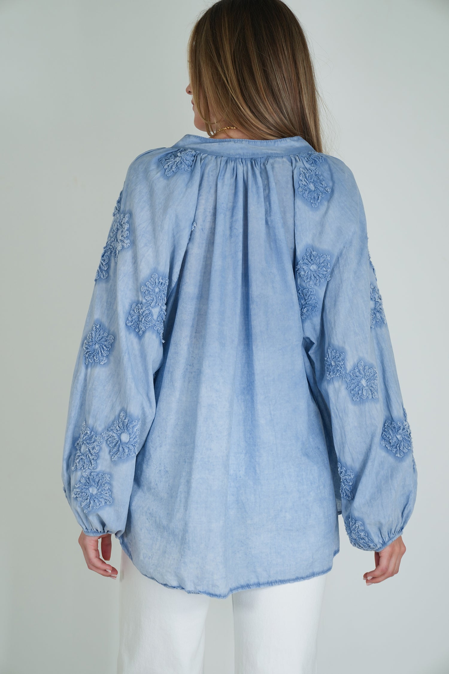 Blue Embroidered Sleeve Top