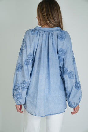 Blue Embroidered Sleeve Top