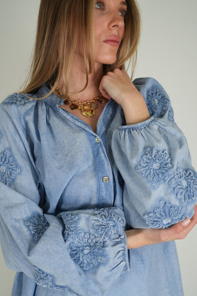 Blue Embroidered Sleeve Top