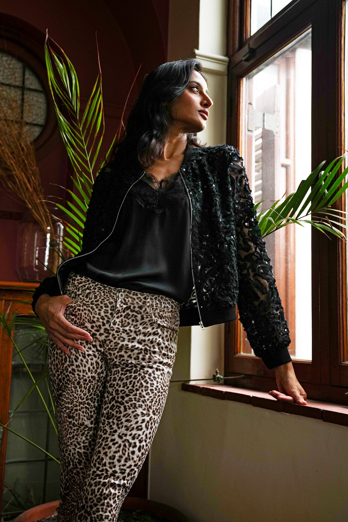 Black Lace Sequin Bomber