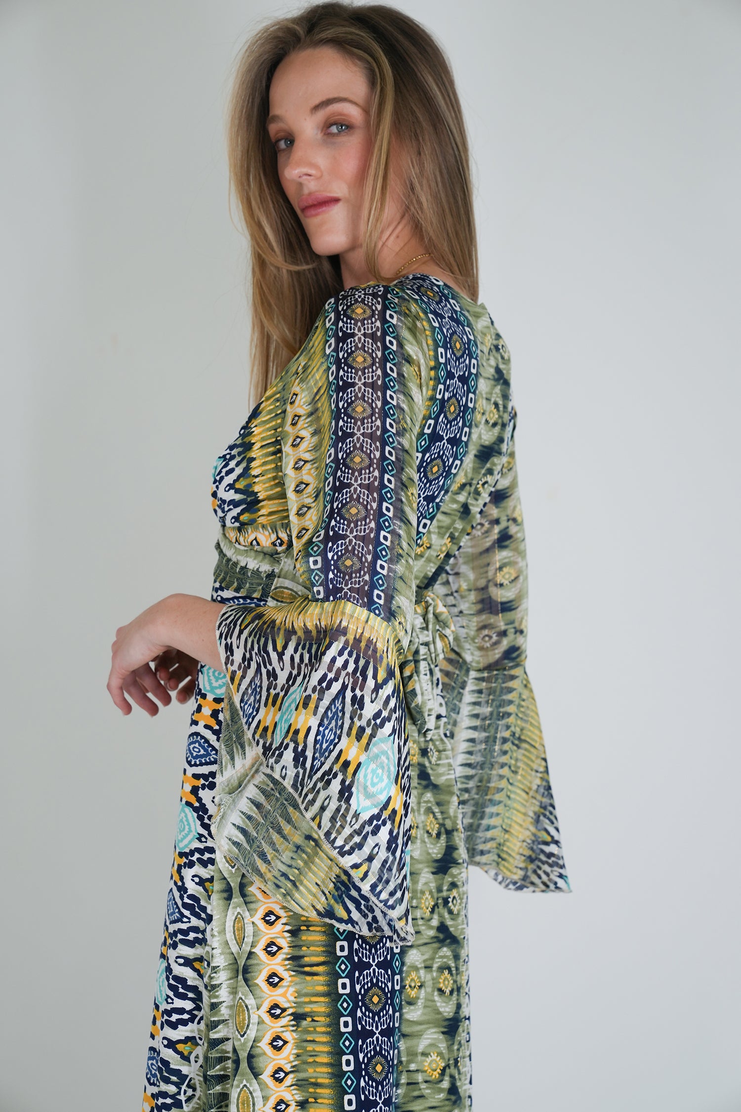 Navy and Yellow Print Knot Dress With Sleeves