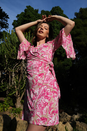 Taupe and Pink Floral Eliza Wrap Dress