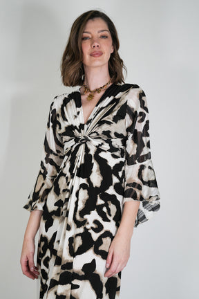 Monochrome Animal Print Knot Dress With Sleeves