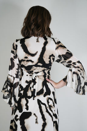 Monochrome Animal Print Knot Dress With Sleeves