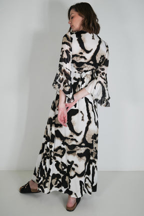Monochrome Animal Print Knot Dress With Sleeves