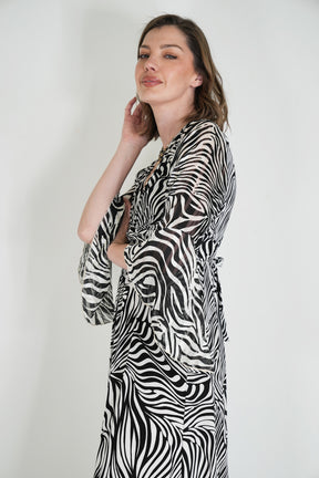 Black and White Patterned Knot Dress With Sleeves