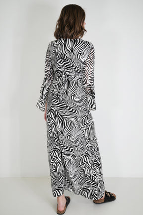 Black and White Patterned Knot Dress With Sleeves