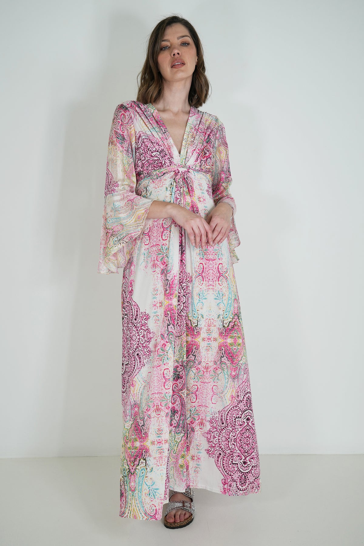 Pink Paisley Knot Dress With Sleeves