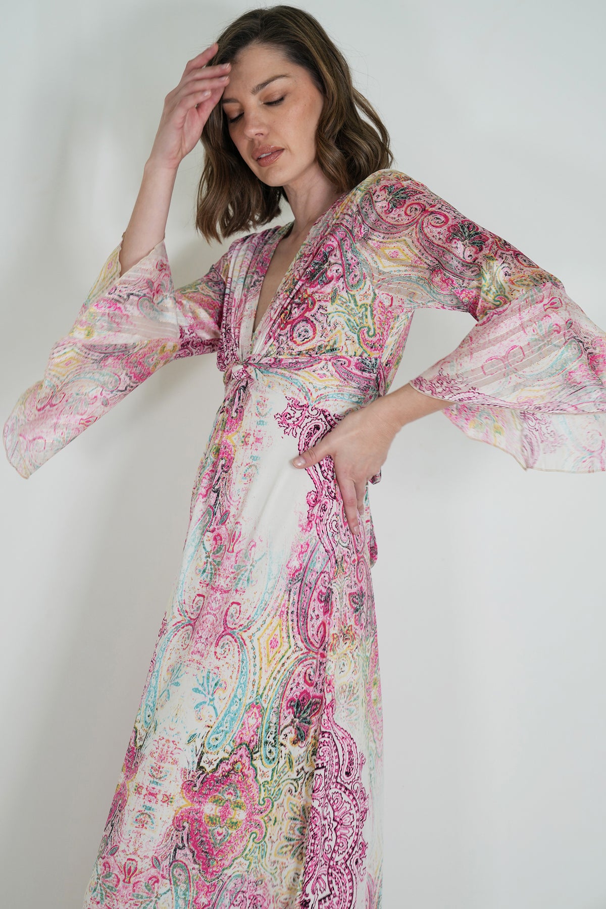 Pink Paisley Knot Dress With Sleeves