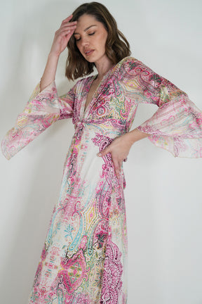 Pink Paisley Knot Dress With Sleeves